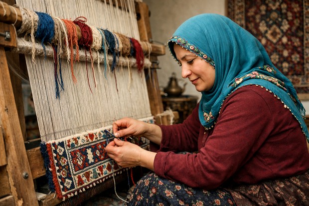a turkis Muslim woman weaving a carpet in her home